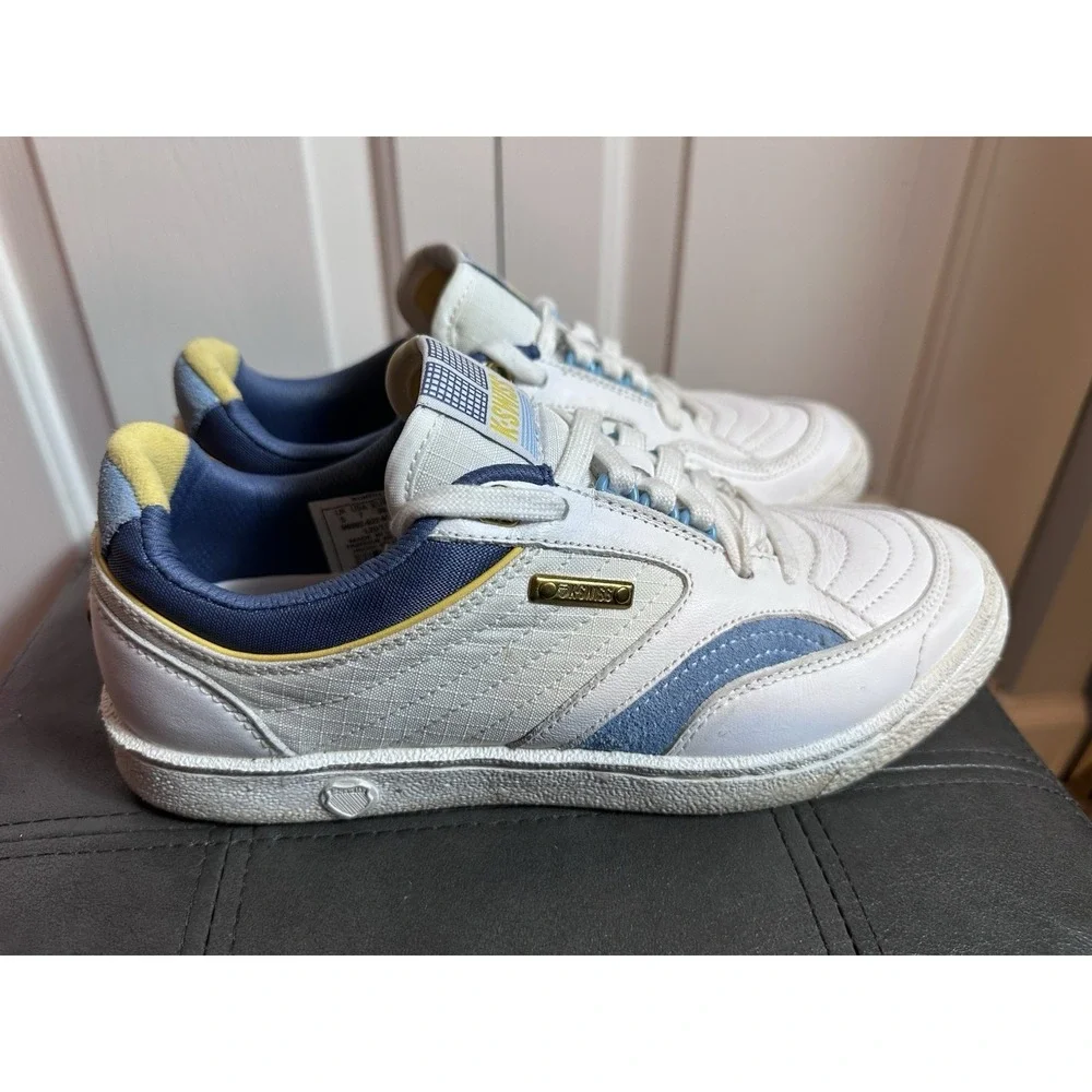 K-Swiss Women's Shoes Size 7. White Blue Yello Low-Top Lace Logo Walking Retro